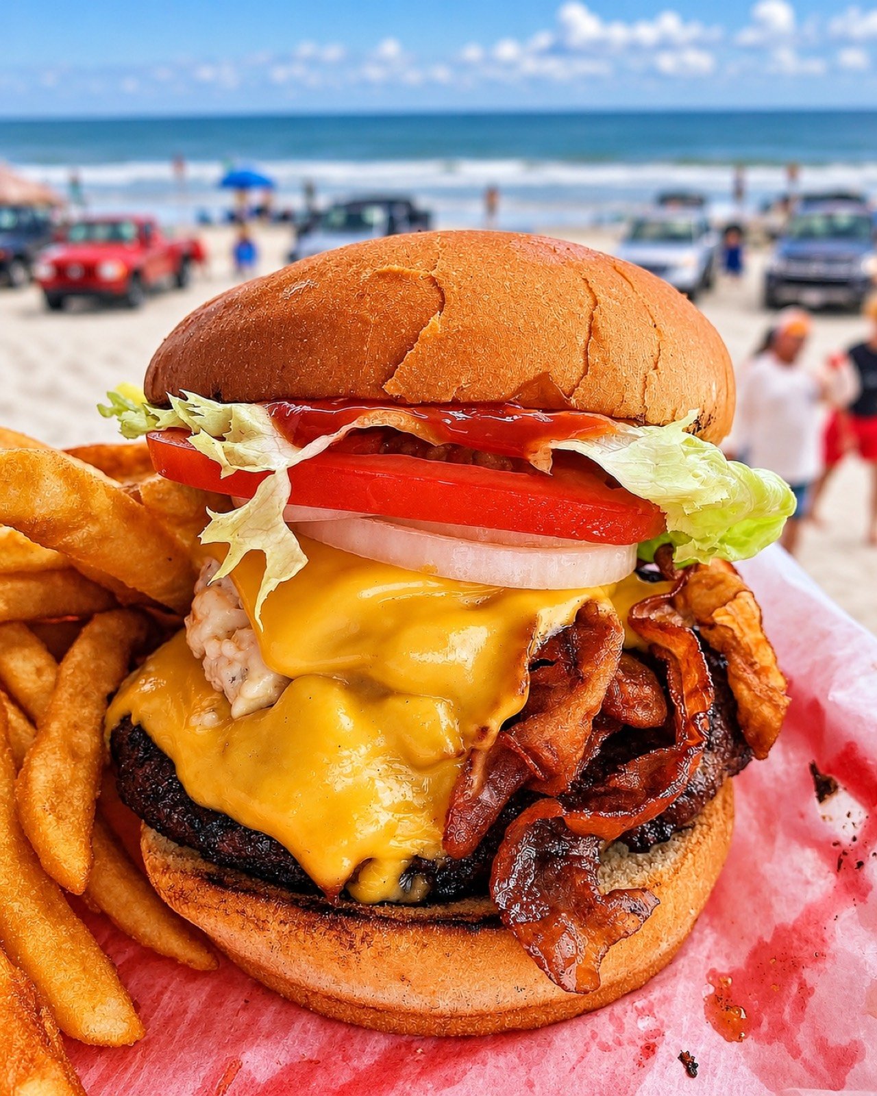 A bacon cheeseburger with fries, held up with the beach and parked trucks in the background